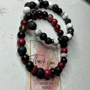 Black Lava, Howlite & Red Agate Bracelet Set